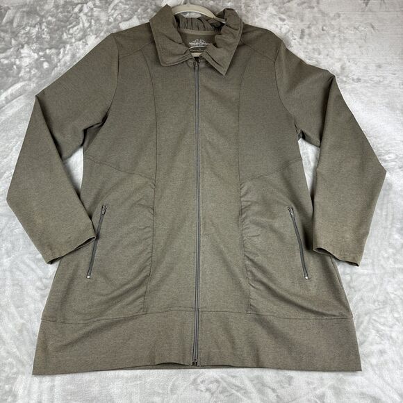 Nomadic Traders Long Sweatshirt‎ Women's Large Taupe Ruched Collar Zip Up (1006) - Picture 1 of 9